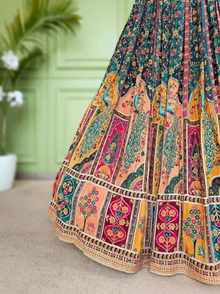 Gulnaar-e-Ishq Green Peacock Print Halter Neck Lehenga Set