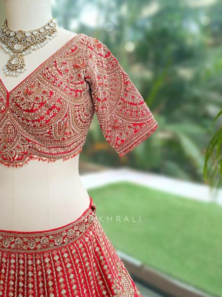 Mehrab Red Raw Silk – Bridal Lehenga