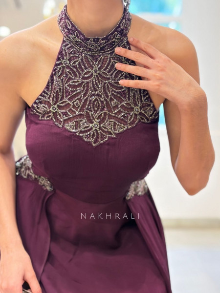 Elowen Wine Halter Neck Long Dress with Cut Dana Work