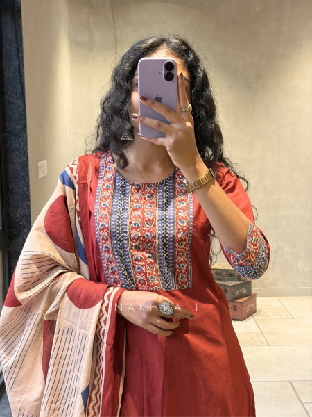 Virexa Red Printed Yoke Kurta Pant Set with Dupatta