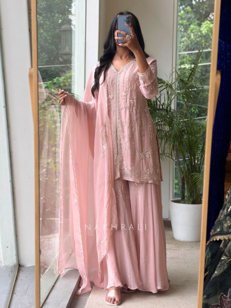 Sorrel Pink Organza Georgette Layered Sharara Suit Set