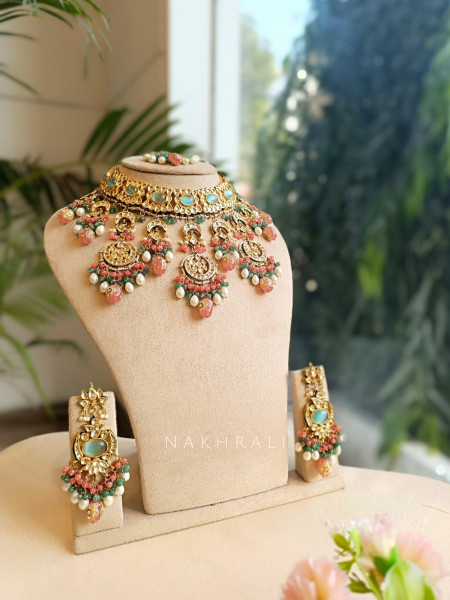 Pastel Mint & Peach Kundan Bridal Necklace Set