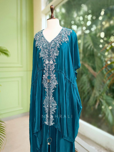 Elegant Embroidered Teal  Kaftan & Palazzo Set