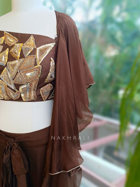 Noirya Brown Indo Western Drape Skirt Set with Sequin Work