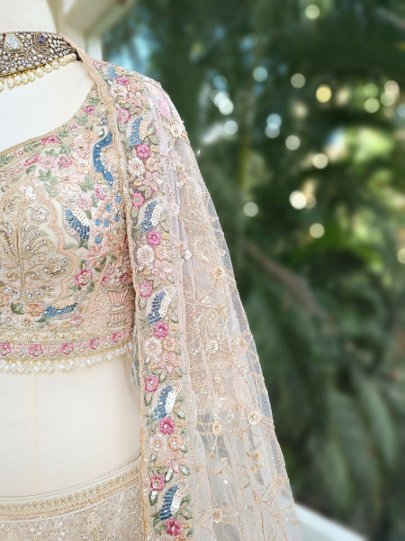 Amira Cream Embroidered Net Lehenga with Sequin Work