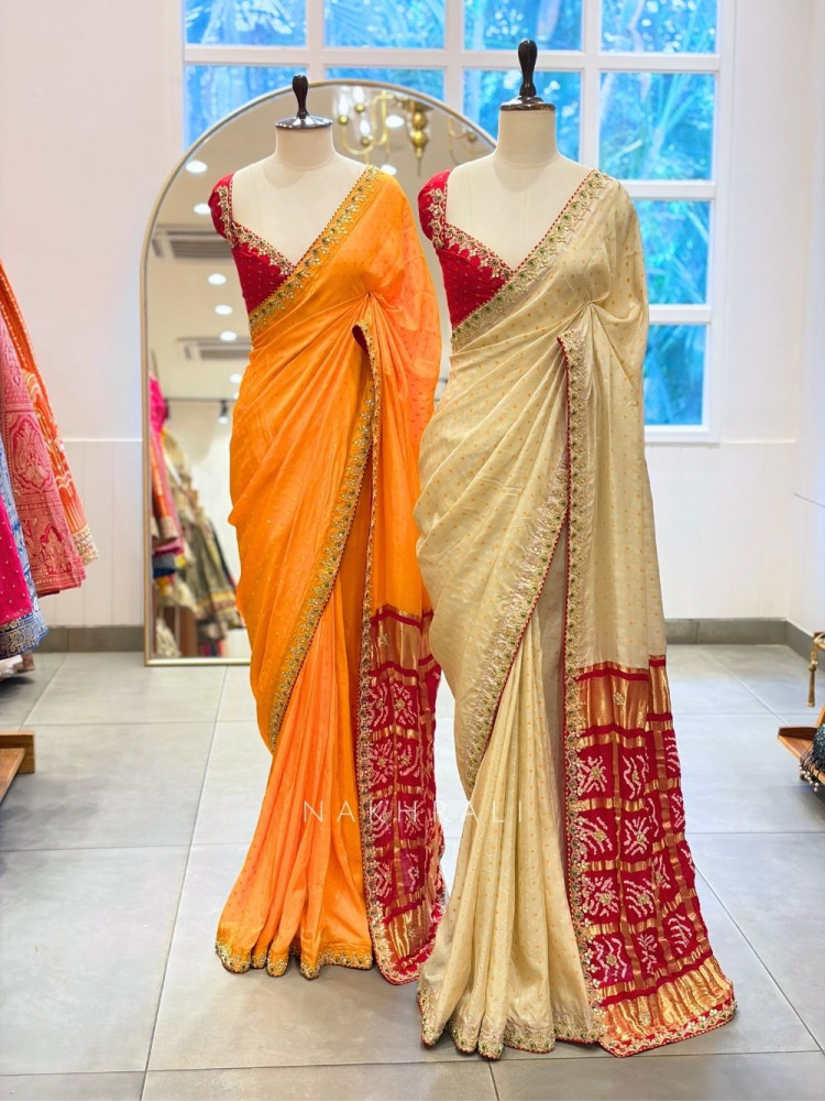 Image of Verdant Red &amp; Cream Bandhej Saree Zari Border Work