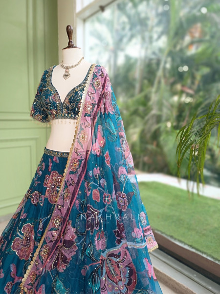 Nishaara Teal Blue Organza Silk Lehenga Set