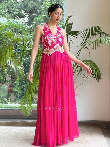 Rosette Magenta Georgette Long Dress