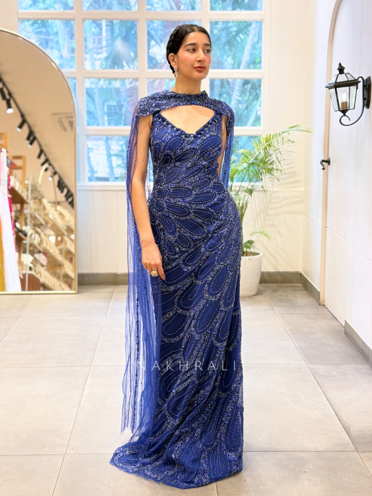 Image of Sapphire Shimmer Blue Cape Mesh Net &amp; Tulle Gown With Cutdana, Sequin &amp; Paisley Bead Work
