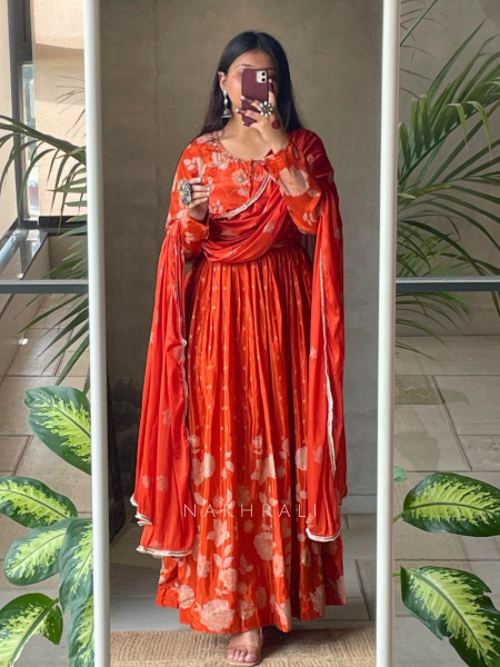 Vashti Orange Chinon Floral Anarkali with Zari & Bead Work