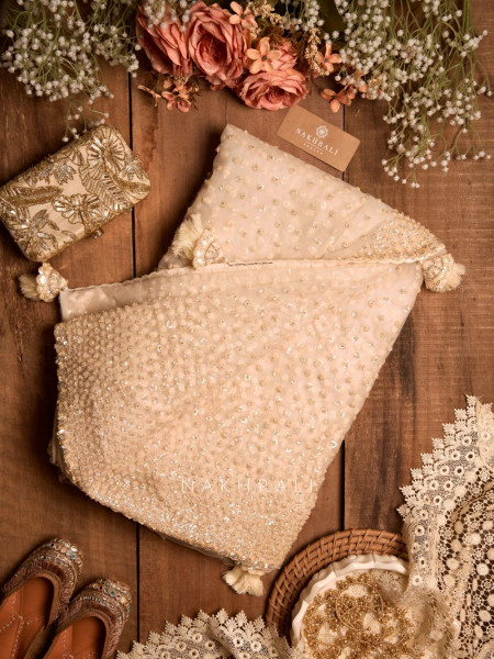 Chandelier Cream Net Saree with Sequin and Cut Dana Blouse
