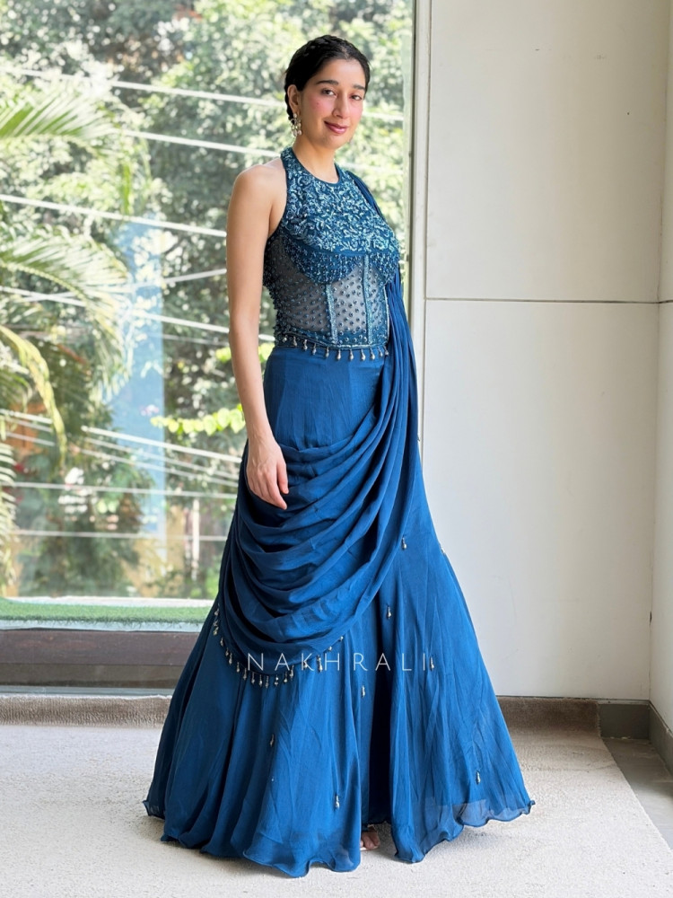 Image of Twilight Teal Blue Indo-Western Pre-Draped Corset Lehenga
