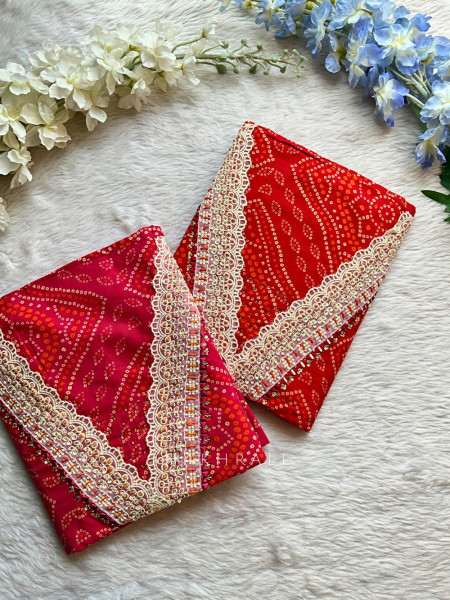 Rangdeep Red Cotton Bandhani Dress Material with Mirror Lace