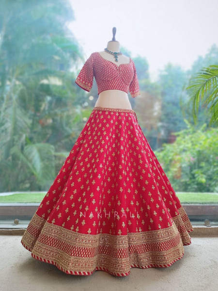 Royal Vermilion Red Raw Silk Bridal Lehenga