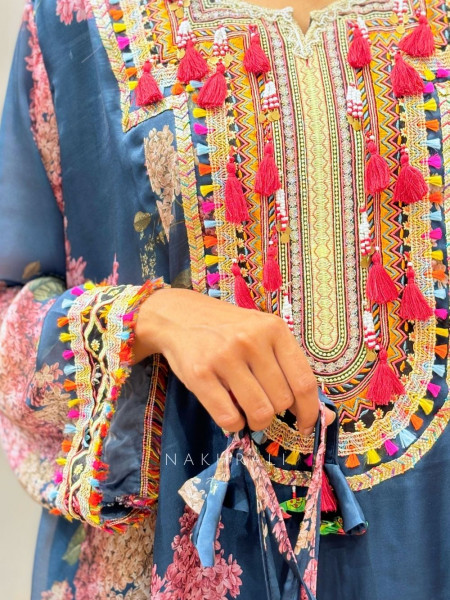 Zerina Blue Floral Pakistani Suit Set with Embroidered Neckline
