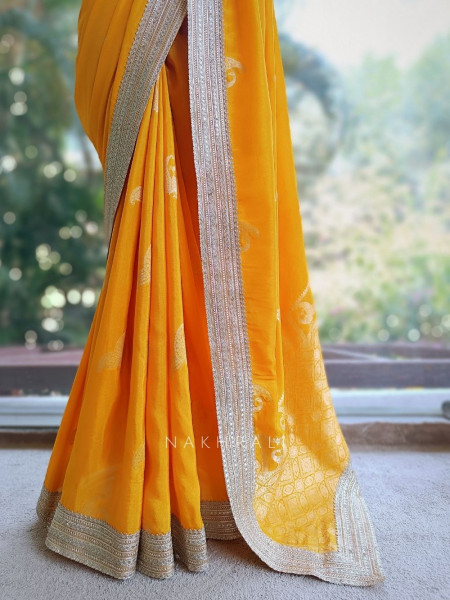 Tavira Yellow Saree with Broad Border and Unstitched Blouse Piece
