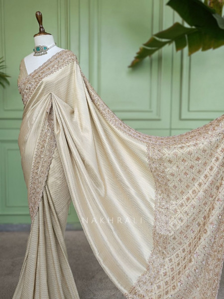 Kasturi Cream Zari Saree with Cut Dana Beads Work