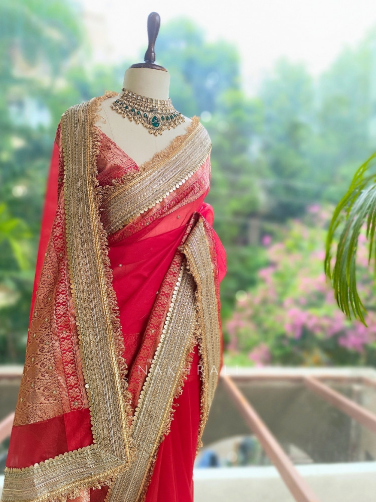 Image of Vraj Ras Banarasi Tissue Silk Saree – Hand Embroidery &amp; Zari Border