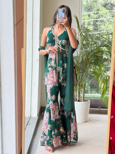 Gulbahar Bottle Green Indo-Western Peplum Sharara Set