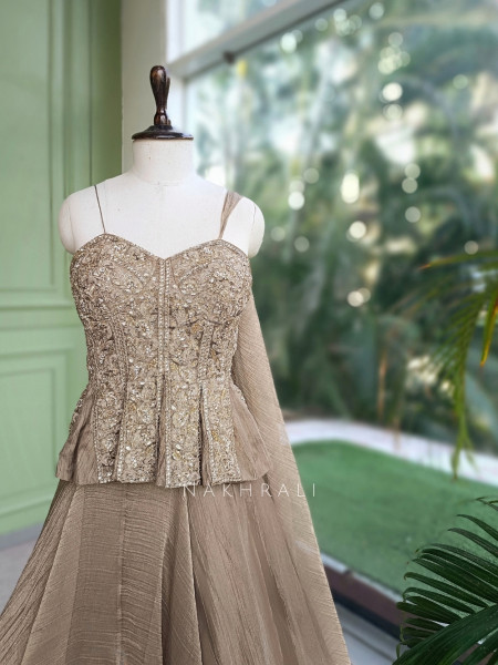 Bespoke Bloom Golden Crushed Shimmer Tissue Fusion Lehenga