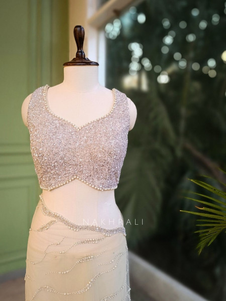 Lumina White Net Saree with Cut Dana & Bead Work