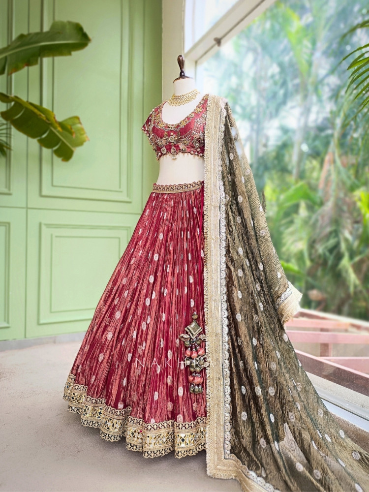 Image of Vrishti Red Crinkle Silk Lehenga Set With Kundan Zardosi Work