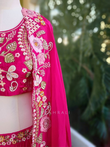Ira Magenta Embroidered Crop Top Skirt Set with Cape Dupatta