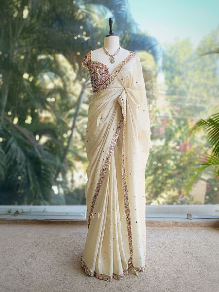 Eclipse Cream Crushed Tissue Saree with Sequin and Pearl Work