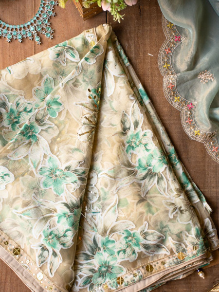 Lily Meadow Cream  Saree with Sequin Floral Work