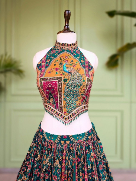 Gulnaar-e-Ishq Green Peacock Print Halter Neck Lehenga Set