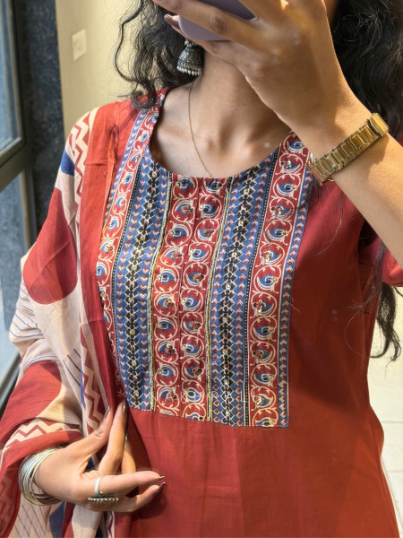 Virexa Red Printed Yoke Kurta Pant Set with Dupatta