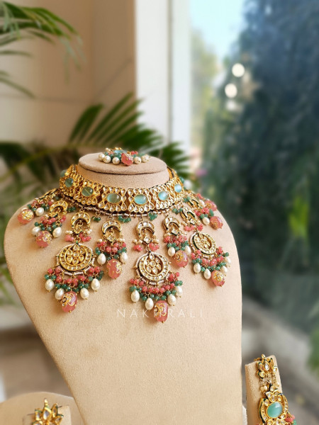 Pastel Mint & Peach Kundan Bridal Necklace Set