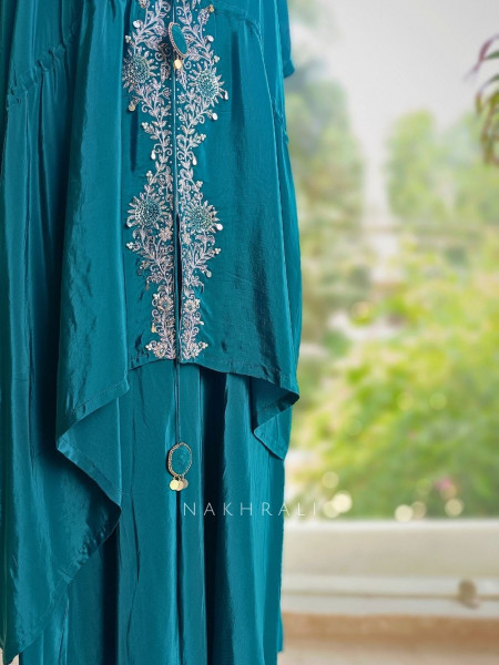 Elegant Embroidered Teal  Kaftan & Palazzo Set