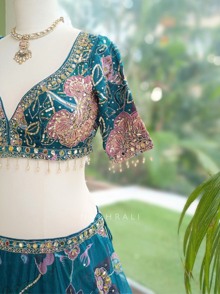 Nishaara Teal Blue Organza Silk Lehenga Set