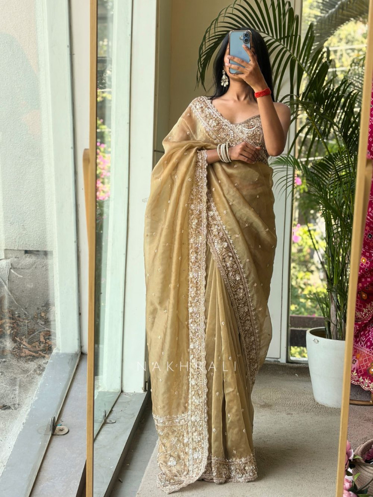 Image of Veloura Mocha Brown Saree with Cut Dana &amp; Sequin Embellishment