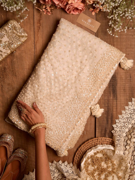 Chandelier Cream Net Saree with Sequin and Cut Dana Blouse