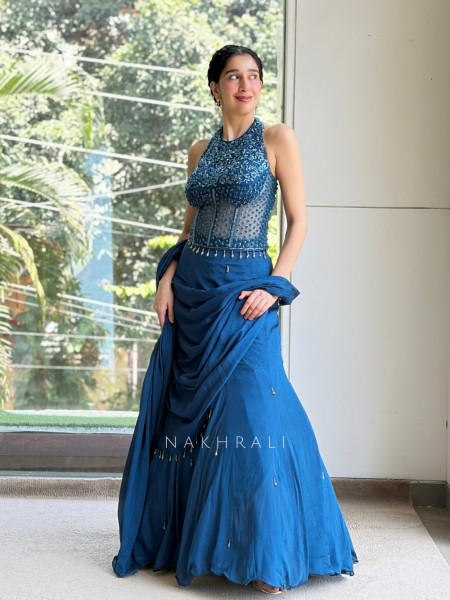Twilight Teal Blue Indo-Western Pre-Draped Corset Lehenga