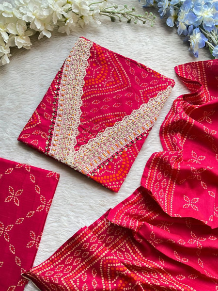 Rangdeep Magenta Cotton Bandhani Dress Material with Mirror Lace