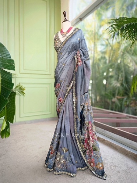 Chandani Baag Grey Floral Saree with Mirror Sequin Embroidery