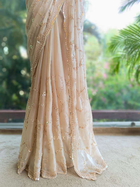 Rimsun Beige Sequin & Bead Embellished Saree