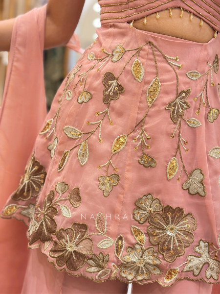 Tarunika Blush Pink Chiffon Silk Blend Indo-Western Palazzo Peplum Set
