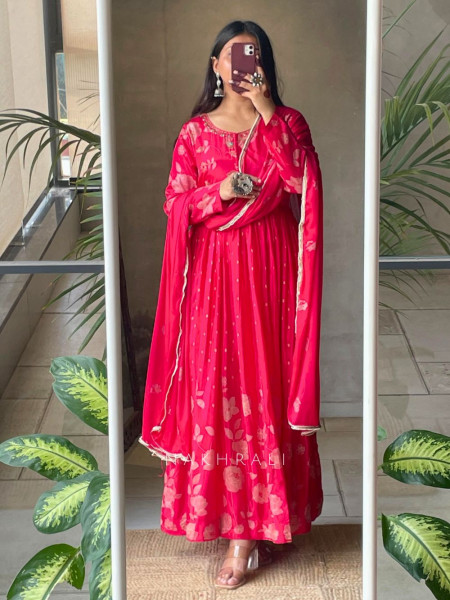 Vashti Magenta Chinon Floral Anarkali with Zari & Bead Work