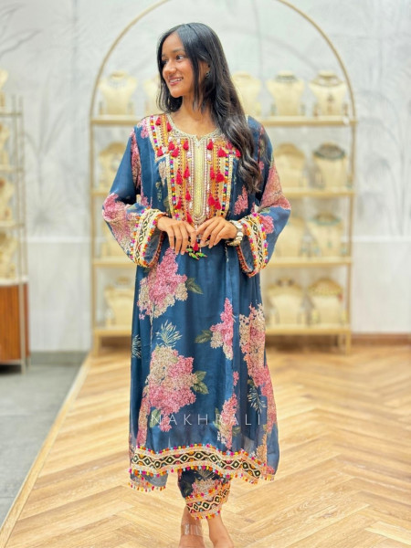 Zerina Blue Floral Pakistani Suit Set with Embroidered Neckline