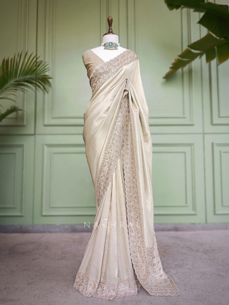 Kasturi Cream Zari Saree with Cut Dana Beads Work