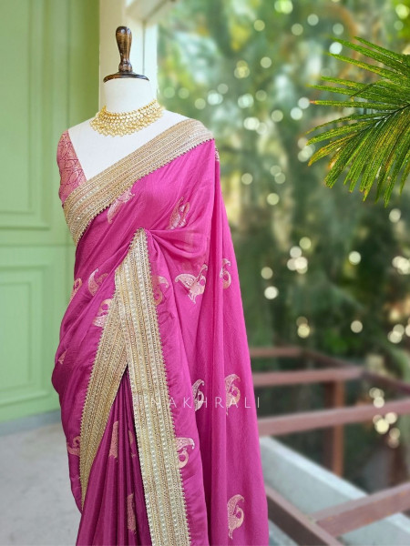 Tavira Raspberry Saree with Broad Border and Unstitched Blouse Piece