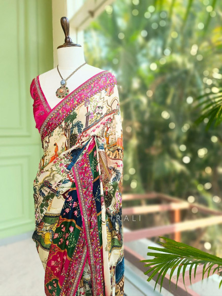 Rihon Magenta Printed Saree with Floral Scenic Design