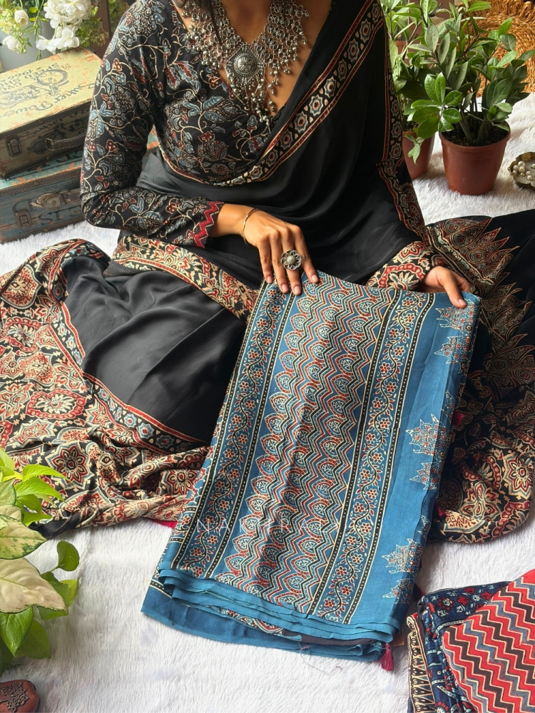 Image of Amal Blue  Modal Saree with Ajrak Print