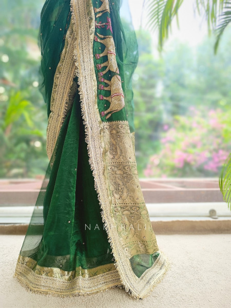 Vraj Ras Green Banarasi Tissue Silk Saree – Hand Embroidery & Zari Border