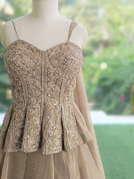 Bespoke Bloom Golden Crushed Shimmer Tissue Fusion Lehenga