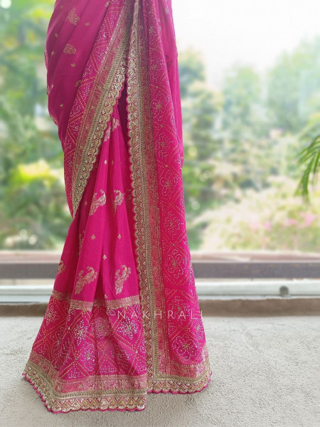 Surahi Magenta Pure Georgette Crepe Silk Bandhani Saree with Gota Patti Zardozi Border